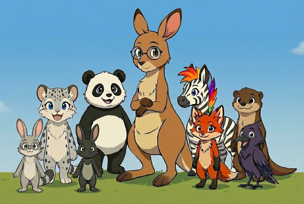 The cast of Evergreen Elementary: a class of animal characters led by a bespectacled kangaroo teacher, with a panda, a snow leopard, rabbits, a fox, a rainbow-maned zebra, an otter, and a crow.