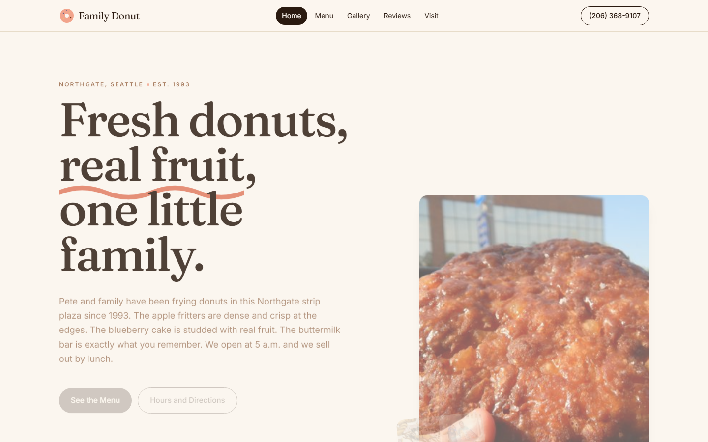 Family Donut website with editorial headline and warm donut photography